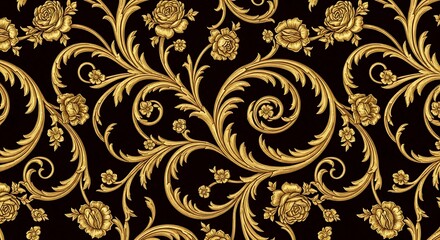 Elegant baroque floral pattern with intricate golden swirls and roses on a dark background