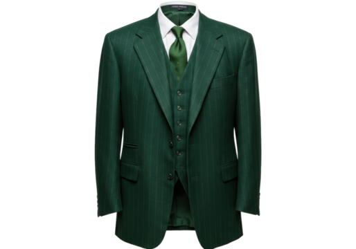 Isolated, formal green pinstripe wool three-piece suit consisting of jacket, vest and tie