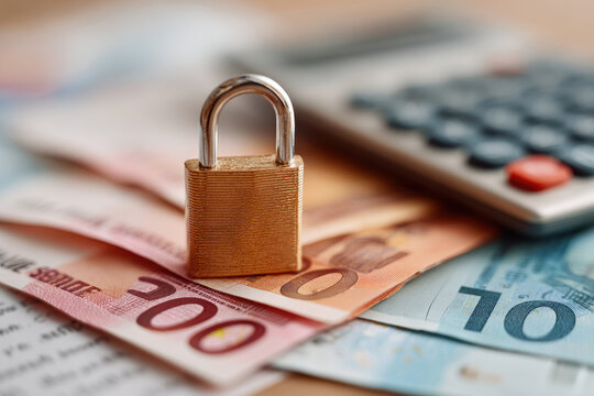 Padlock on Euro Banknotes with Calculator