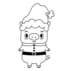 cute hand drawn black and white cartoon character santa claus little pig with mistletoe bouquet funny winter holiday vector illustration for coloring art