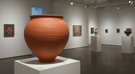 Large terracotta vase on a white pedestal in an art gallery with paintings and pottery in the background