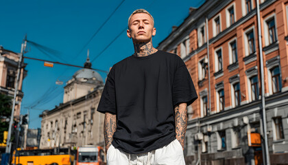 Young man with tattoos wears an oversized black t-shirt and white pants. Streetwear fashion photo captured on urban city street. Model poses confidently, showing off apparel style.