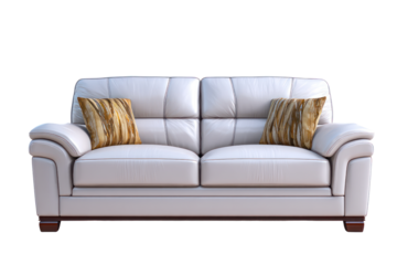 Elegant white leather sofa with decorative patterned cushions clean lines and wooden feet isolated on transparent background. PNG die-cut for advertising