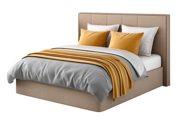 A modern upholstered bed with yellow pillows and a mustard throw blanket against a neutral headboard isolated on transparent background. PNG die-cut for advertising