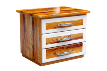 A modern three drawer nightstand with a high gloss wooden veneer and white drawer fronts isolated on transparent background. PNG die-cut for advertising