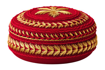 Red fabric skullcap with intricate gold embroidery tasseled trim and circular floral design on top isolated on transparent background. PNG die-cut for advertising