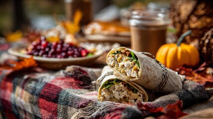 Thanksgiving leftovers picnic scene, blanket, sandwich wrapped in paper