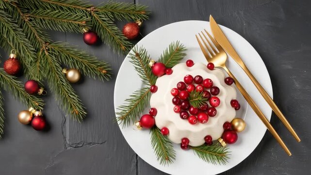 White creamy Christmas dessert topped with red cranberries, surrounded by fir branches and baubles. Served on a white plate with gold cutlery. Elegant and festive holiday setup.