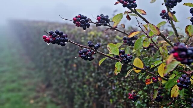 Black chokeberries with water droplets on a foggy autumn day scenery