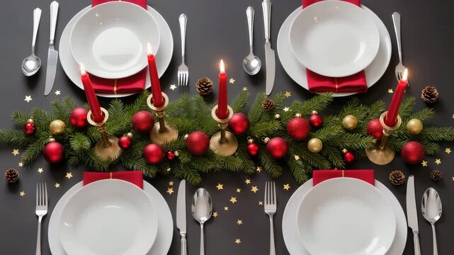 Stylish Christmas dinner table setup with burning red candles, evergreen branches, red and gold baubles, and plates with napkins. Top view of elegant holiday decoration.