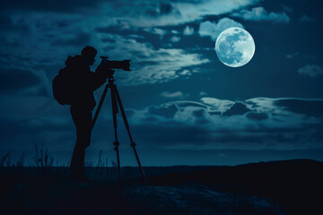 A lone photographer captures the moons ethereal glow amidst a cloudy night sky, using a tripod to ensure a steady shot of the lunar spectacle