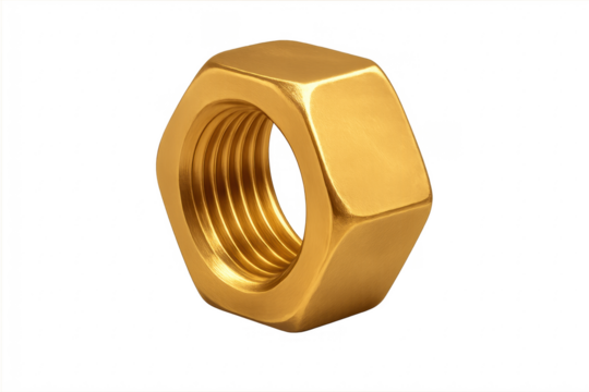Golden hexagon nut showing internal thread on transparent background