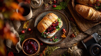 A warm-toned flat lay with sandwich, small bowl of cranberry sauce, autumn palette