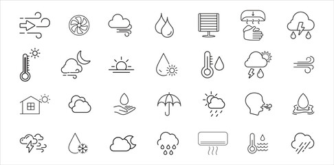 Temperature Weather forecast outline icon set. Clouds Thermometer, heat, cold, 
climate, sunny day, moon, snowflakes, wind, line icons Vector illustration