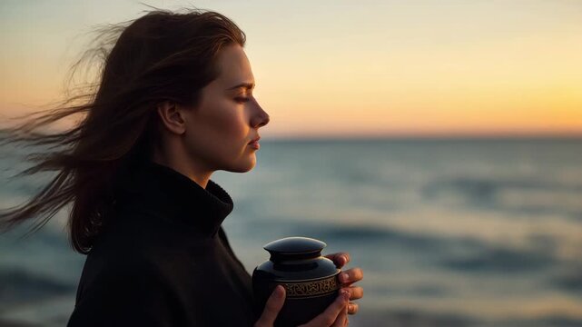 sad young woman in black clothes holding a funeral urn against the backdrop of the sea in the evening