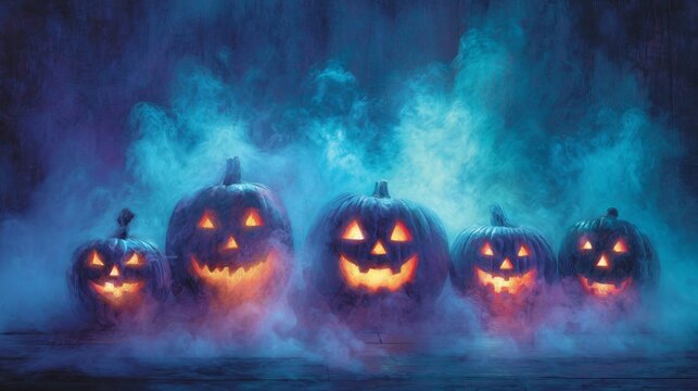 Sinister carvings: a group of wickedly lit jack o lanterns. Tren