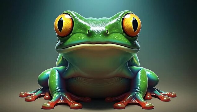 Stylized 3D green frog character inflates its throat sac, blinks, and deflates in seamless animation loop against teal background.