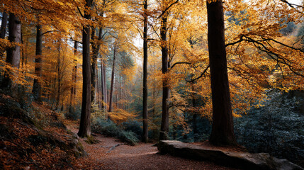 Obraz premium Beautiful forest background for screensaver. with sunbeams. Calm close-up of fairytale forest and nature landscape, panorama. Summer vacation, holiday, amazing nature. autumn
