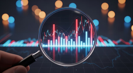 Hand holding magnifying glass over stock market data and business graph, analyzing financial chart