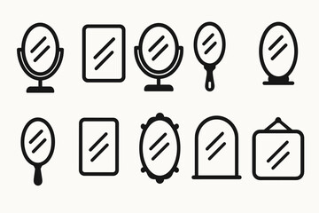 Mirror Icon Set. Outline icon set of mirror types: convex mirror, concave mirror, flat mirror, beveled mirror, tinted mirror, smart mirror, lighted mirror. Vector icon.
