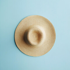 Overhead shot of a stylish straw sun hat on a serene blue backdrop, perfect for summer vacation and beach days, isolated on white background