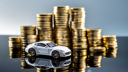Vehicle and coin stacks symbolizing auto insurance, car loan, and savings.