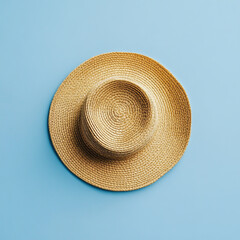 Overhead shot of a fashionable straw sun hat on a calming blue surface, ideal for sunny days and beach getaways, isolated on white background