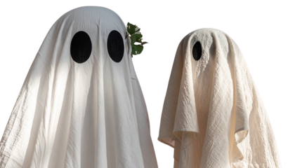 Playful white ghost pair in minimalist pink theme, isolated on transparent background