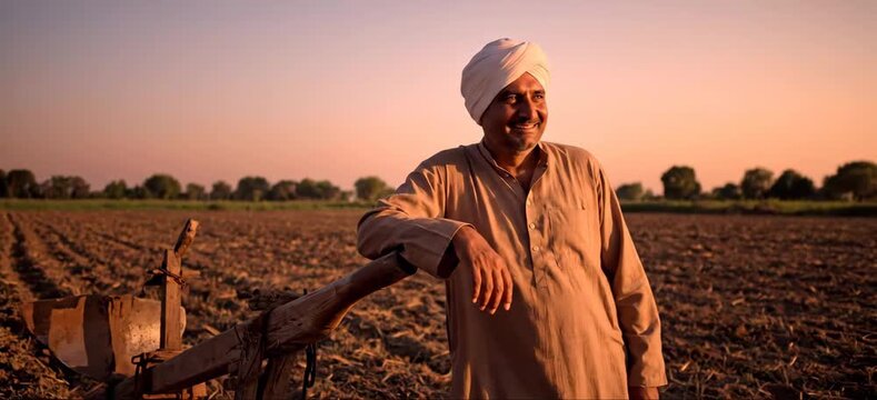 Indian Farmer Celebrating Kisan Diwas in a Cultivated Field with Traditional Attire and Modern Farming Equipment
