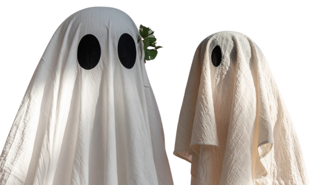 Playful white ghost pair in minimalist pink theme, isolated on transparent background