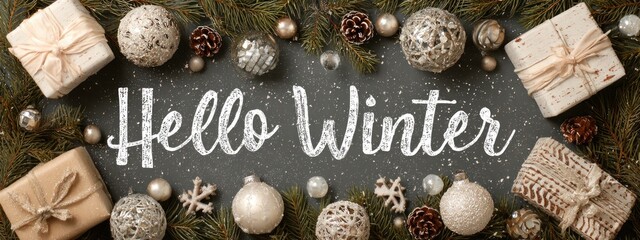 December celebration banner The text "Hello December" made of sparkling Christmas ornaments against gift boxes and pine branches