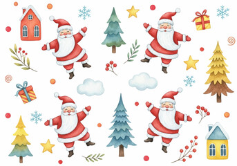 Festive watercolor illustrations of Santa Claus and Christmas trees, perfect for holiday designs
