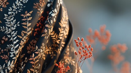 Black luxury fabric with floral embroidery and gold threads, soft cinematic lighting for commercial textile design