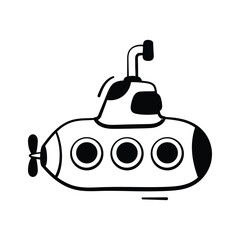 Deep sea exploration and marine transportation, submarine doodle icon