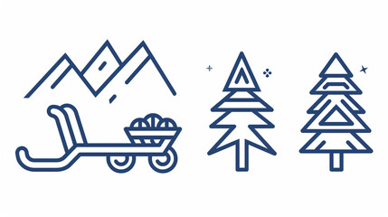 A winter scene with mountains, a sled full of gifts, and two pine trees isolated on white background, creating a charming and festive illustration