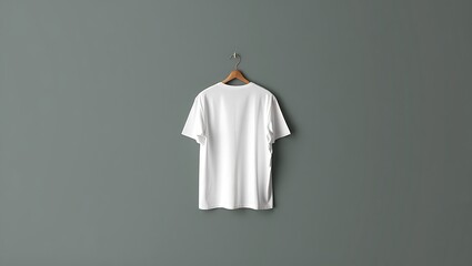 Minimalist white t-shirt back view on a light wooden hanger against a muted grey-green wall