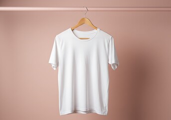 Bright white t-shirt on a natural wooden hanger suspended from a rose gold rod against a soft pink background