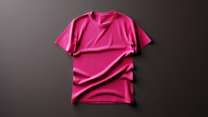 Vibrant fuchsia pink t-shirt with natural fabric folds in a flat lay composition on a dark grey background