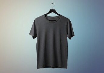 Sleek dark grey t-shirt on a black hanger centered against a gradient background fading from blue to pale yellow