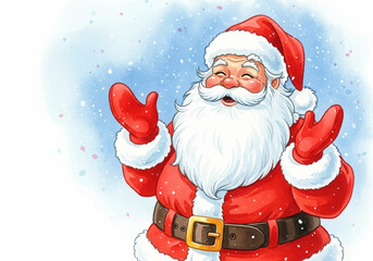 Charming watercolor illustration of a jolly Santa Claus with open arms against a snowy blue sky 