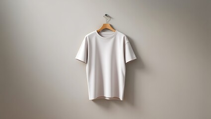 Soft off-white t-shirt with subtle shadows on a light wooden hanger against a warm grey wall