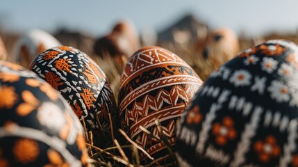 Decorated Easter egg nest in soft morning light, garden background for Easter Sunday