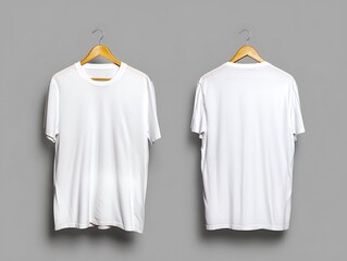 Front and Back Views of a Crisp White T-Shirt Mockup on Wooden Hangers Against a Neutral Gray Background
