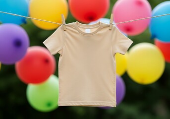 Blank Light Beige Kids' T-Shirt Hanging on a Clothesline with Bright Multi-Colored Balloons in a Blurred Background