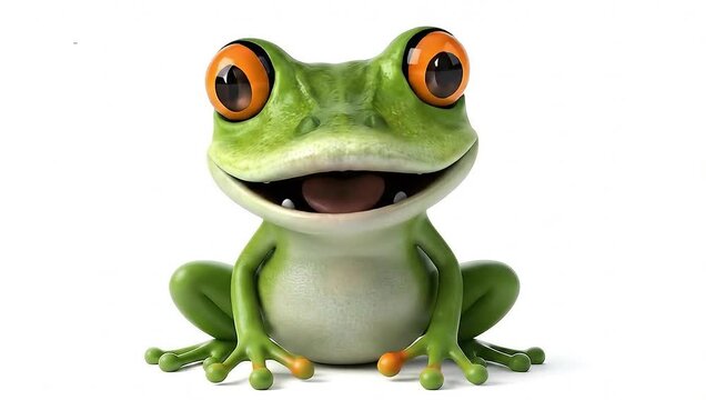 Isolated on white, cute 3D cartoon frog character with big orange eyes sits and inflates throat sac, seamless animation loop.