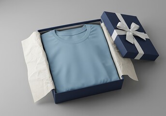 Neatly folded light blue t-shirt presented in an open navy blue gift box with a white ribbon and tissue paper.