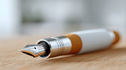 Elegant fountain pen on wooden desk under soft cinematic light, refined workspace for commercial branding