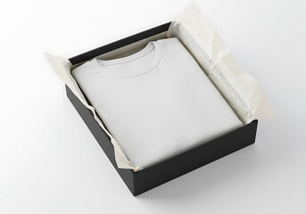Pristine white t-shirt carefully folded within an open black gift box with crumpled tissue paper on a white surface.