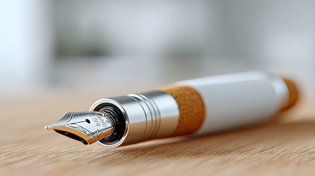 Elegant fountain pen on wooden desk under soft cinematic light, refined workspace for commercial branding