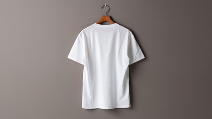 Detailed back view of a blank white crew neck t-shirt hanging on a wooden hanger against a dark gray wall.